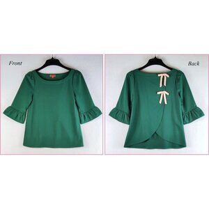 ModCloth Tunic Top Green Crossover Style Back XS Double Pink Bows on Back